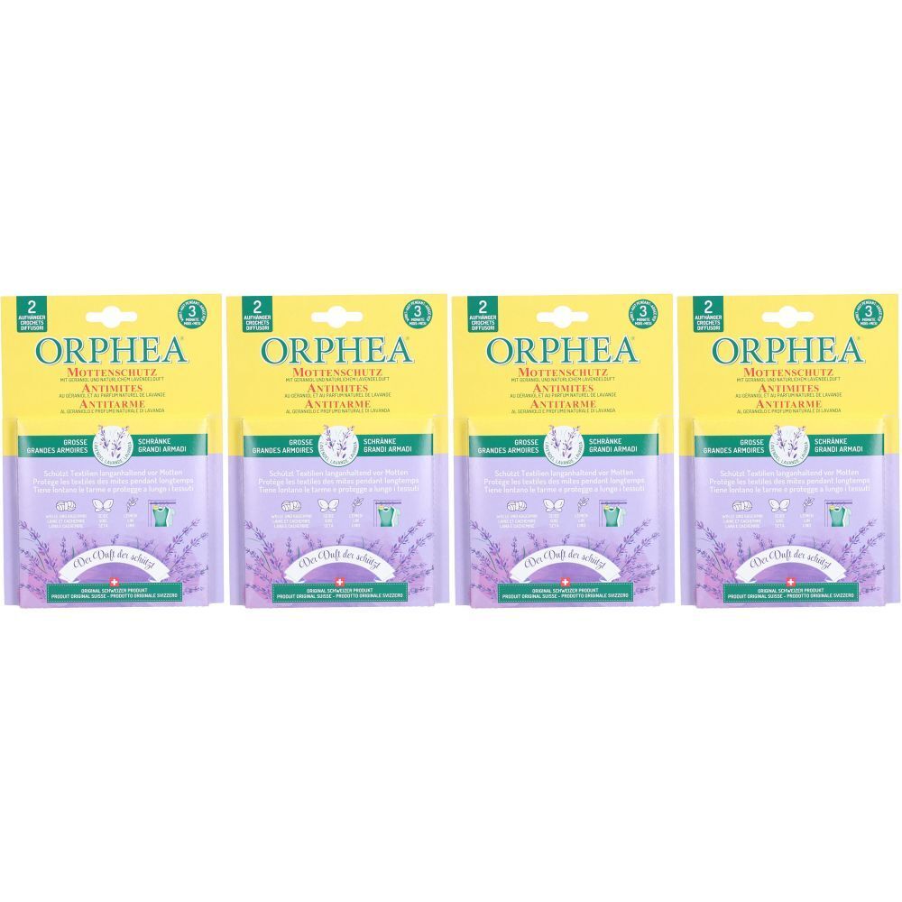 Quatre paquets avec emballage jaune et violet. "ORPHEA" en haut. En dessous "Mottenschutz". Motif de lavande.