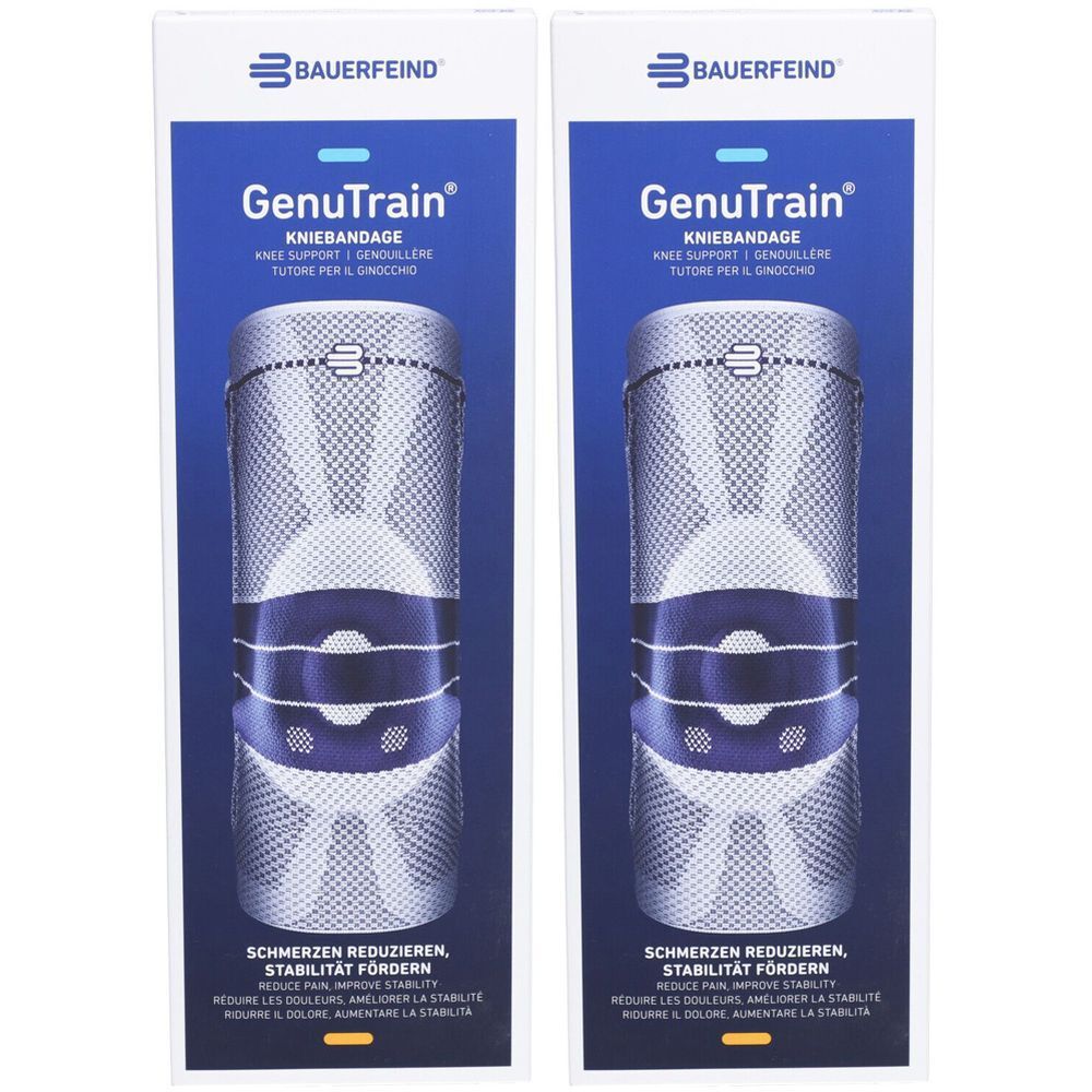 Deux emballages de genouillère. Marque : BAUERFEIND. Nom du produit : GenuTrain. Texte : Réduire la douleur, améliorer la stabilité.