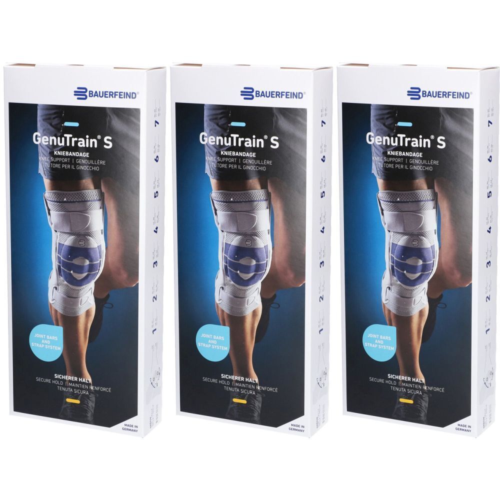 Trois boîtes de l'orthèse de genou. Chaque boîte montre une image de l'orthèse sur une jambe. Le nom de la marque est Bauerfeind.