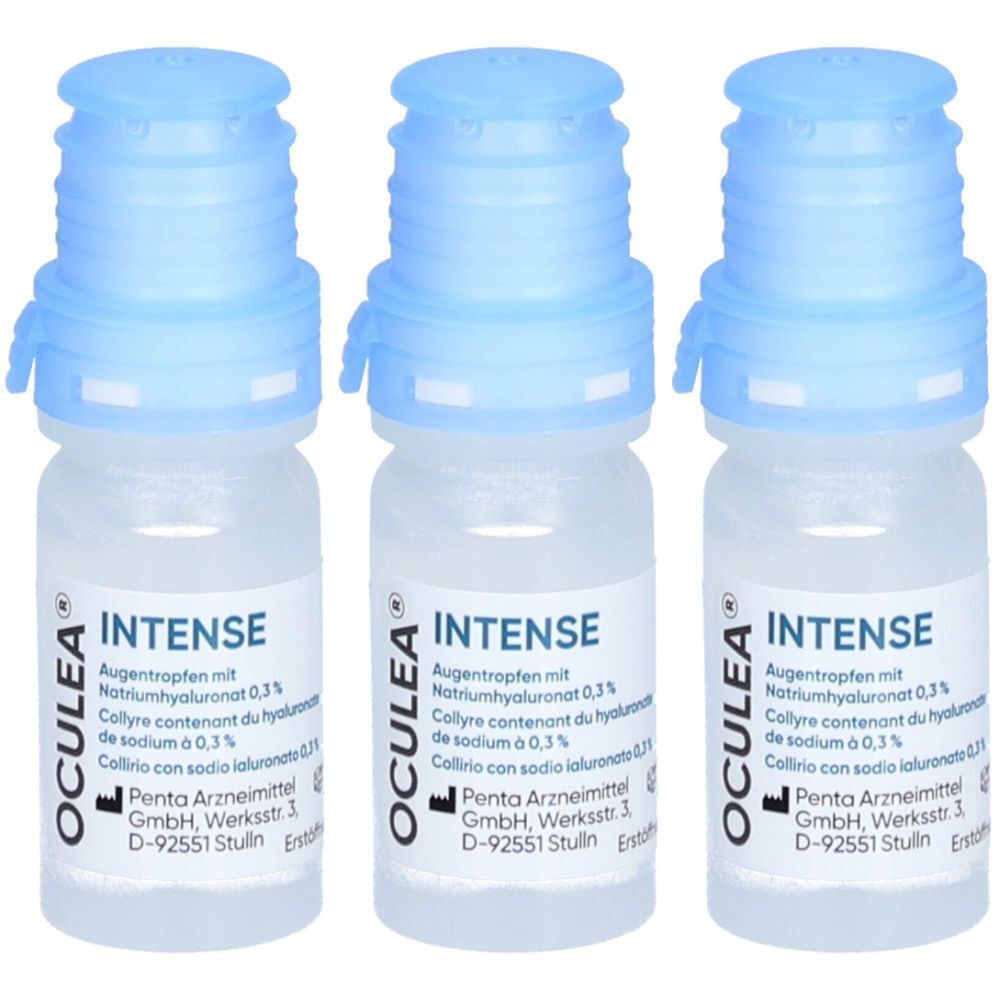 Trois petits flacons avec des bouchons bleus. Les étiquettes indiquent "OCULEA INTENSE Augentropfen".