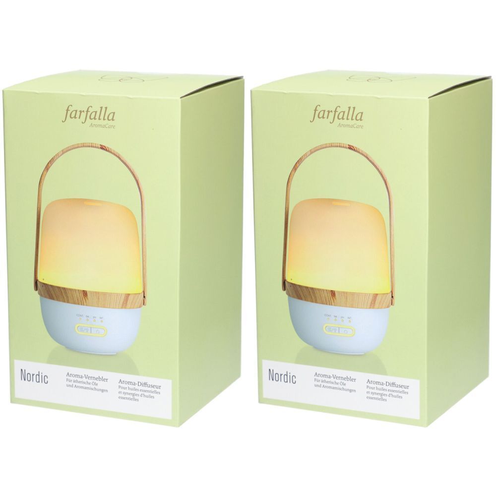 Deux diffuseurs d'arômes dans des boîtes vert clair. Chaque diffuseur a une forme arrondie claire avec des éléments en bois et bleu clair.