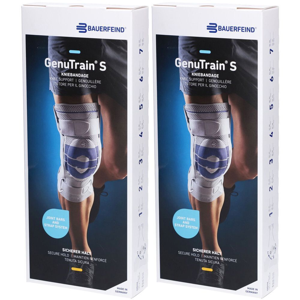 Deux boîtes de genouillère. Inscription : GenuTrain S, logo Bauerfeind, indications de taille. Illustration du produit sur une jambe.