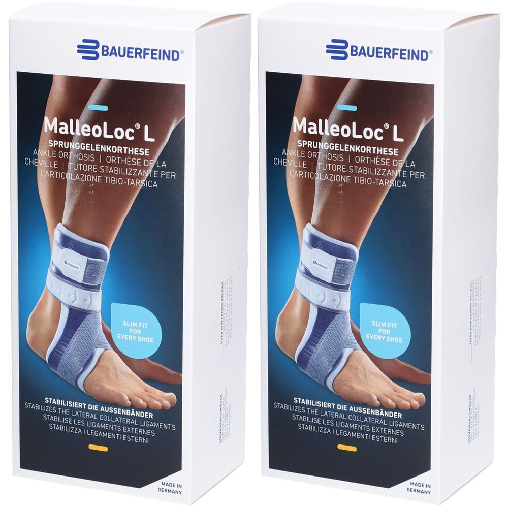 Deux boîtes d'orthèse de cheville MalleoLoc® L. Marque BAUERFEIND. Illustration du produit sur une jambe. Texte : Stabilise les ligaments externes.