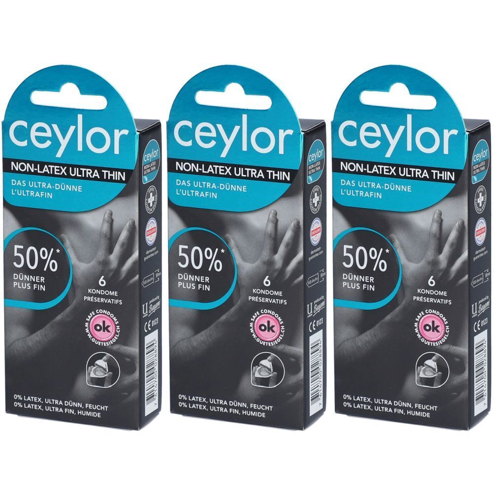 Trois boîtes de préservatifs ceylor. Inscription: Non-Latex Ultra Thin, 50% plus fin, 6 préservatifs. Avec le label OK.