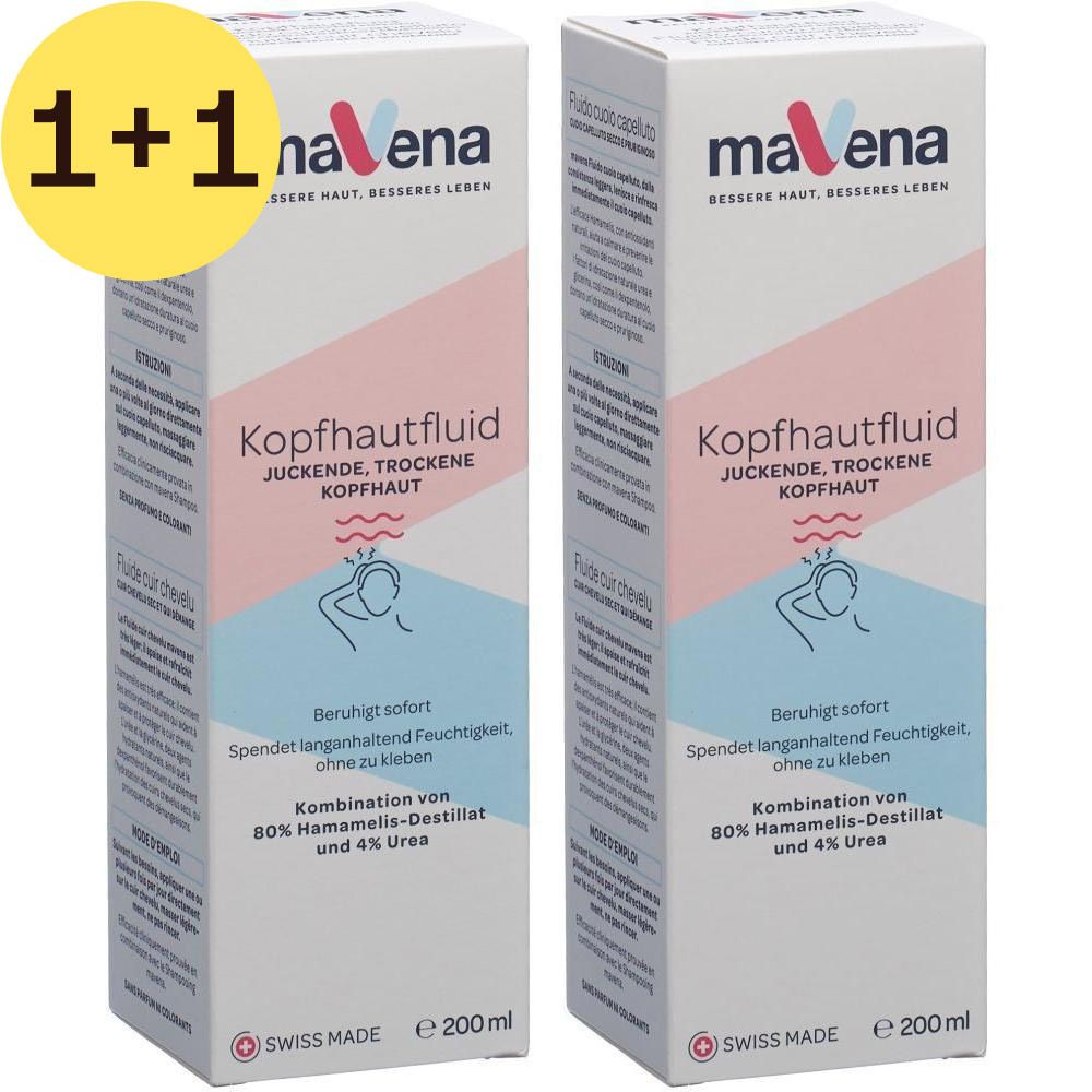 Deux boîtes rectangulaires avec le logo "maena". Texte : "Kopfhautfluid", "Cuir chevelu sec et qui démange". Contient 200 ml. "Swiss Made".