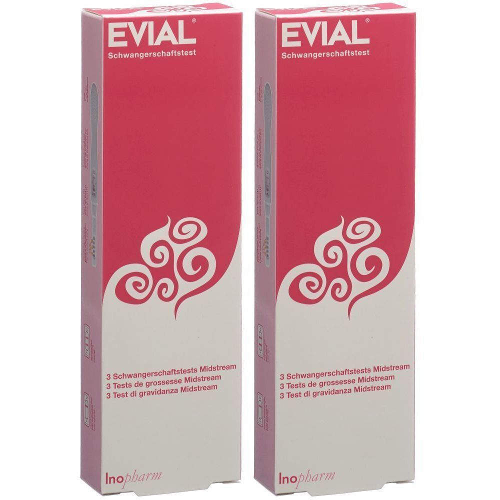 Deux boîtes rectangulaires de test de grossesse EVIAL. Face avant rouge avec motif blanc et texte.