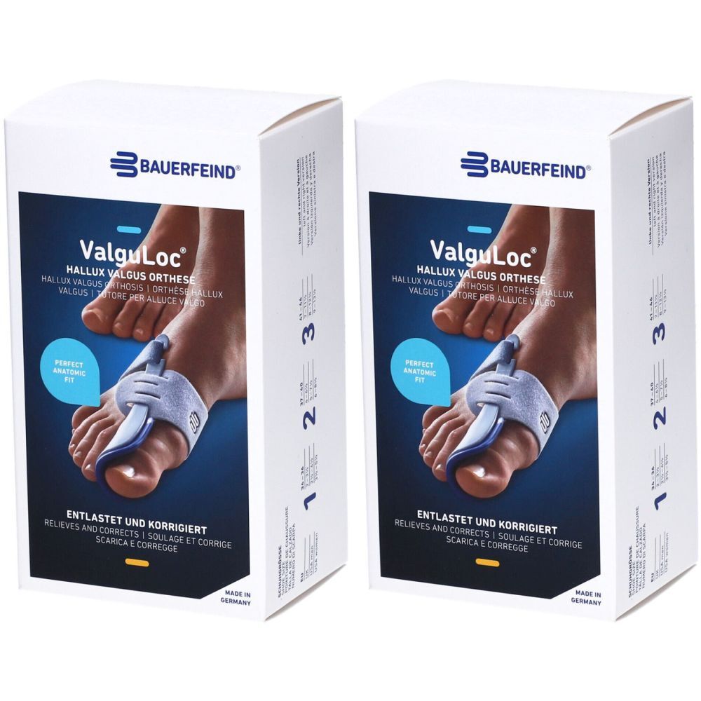 Deux boîtes blanches. Impression: ValguLoc, orthèse Hallux valgus. Texte: Soulage et corrige. Logo Bauerfeind.