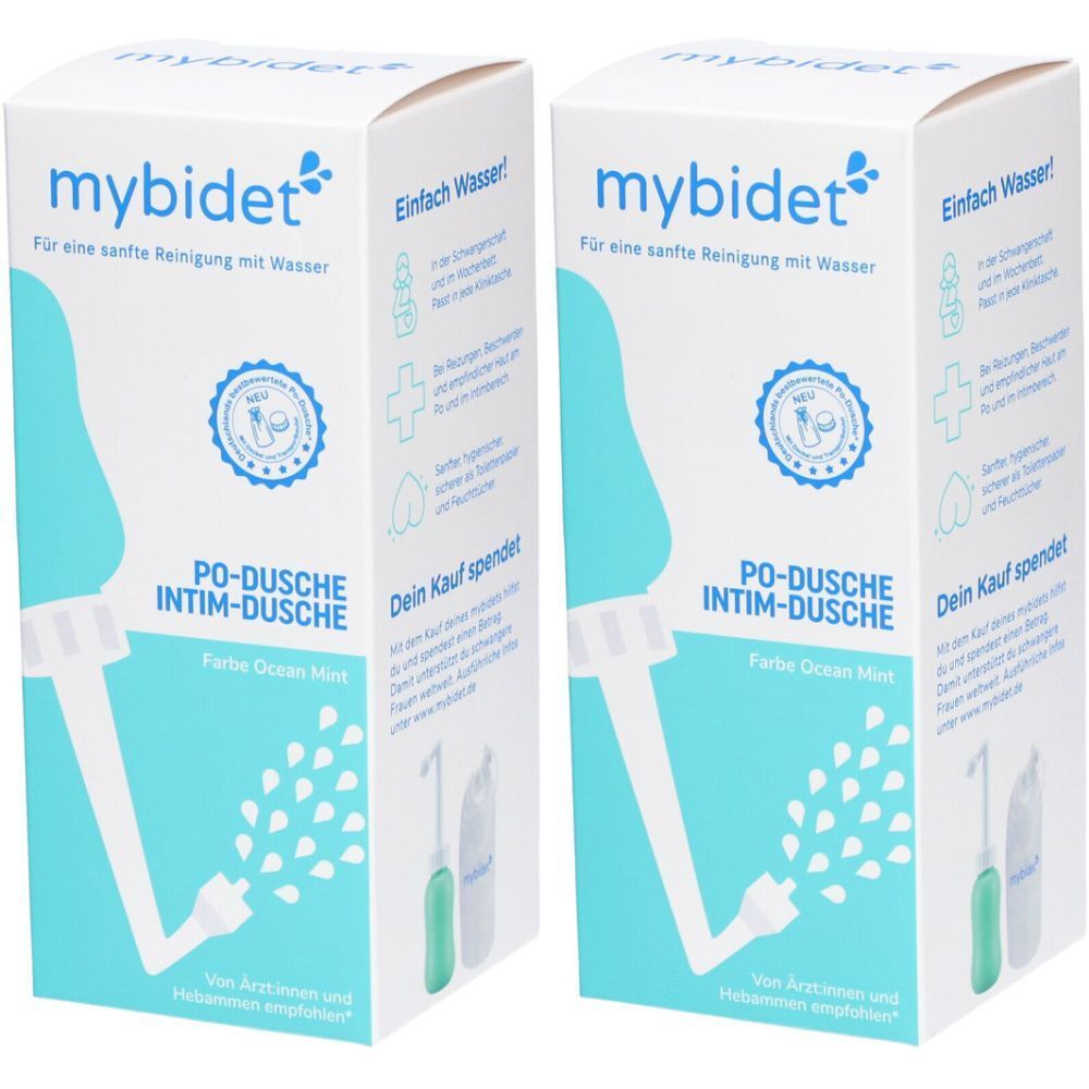Deux boîtes de produit mybidet. Inscription : PO-Douche Intime-Douche. Couleur Ocean Mint. Avec de l'eau.
