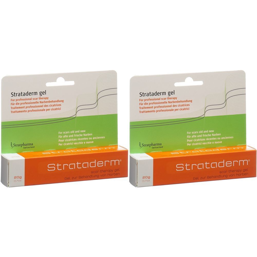 Deux boîtes de gel Strataderm. Emballage blanc avec étiquette verte et orange. Texte : Strataderm gel, 20g.
