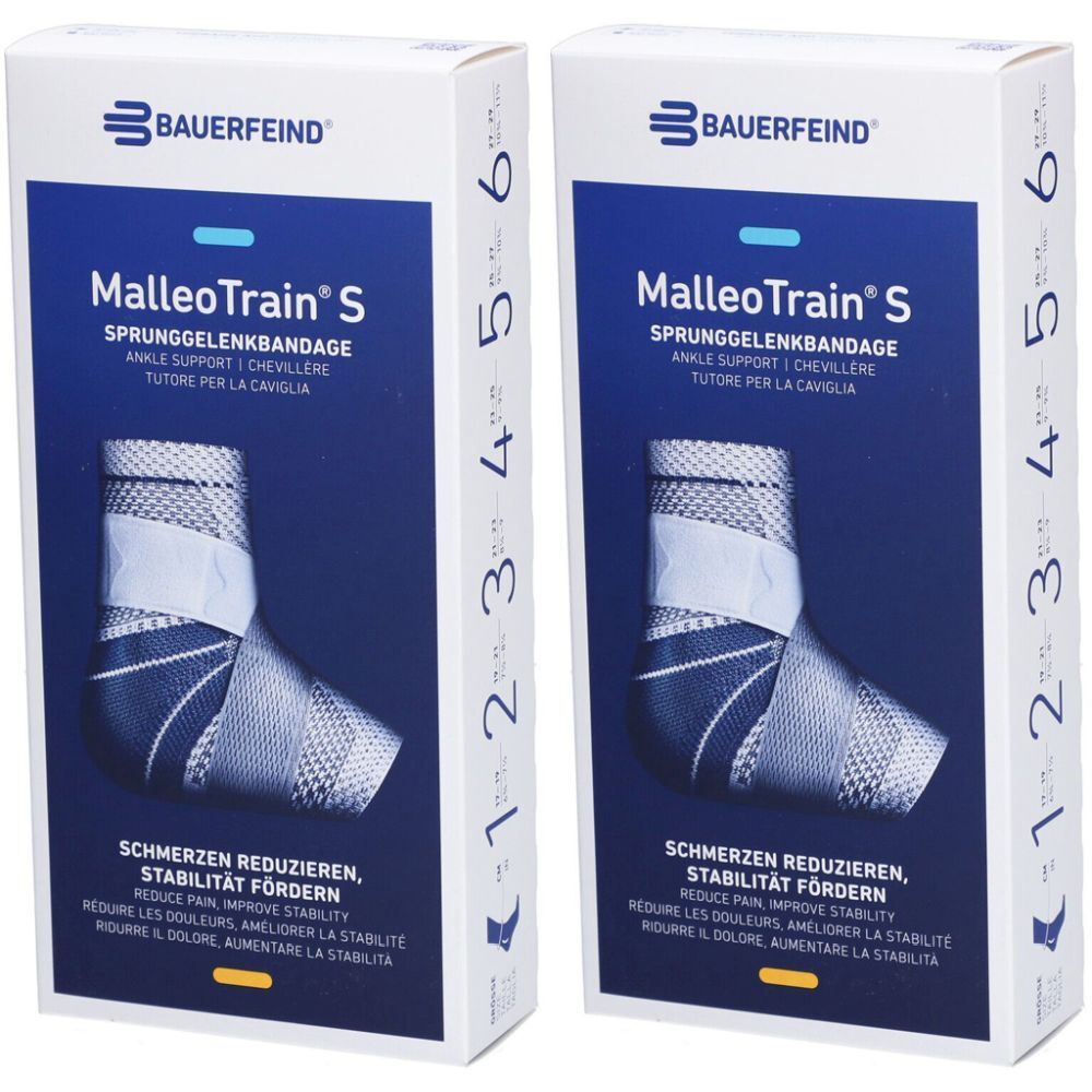 Deux boîtes de bandage de cheville. Inscription: MalleoTrain S, Bauerfeind. Tailles 1-6. Réduit la douleur, améliore la stabilité.