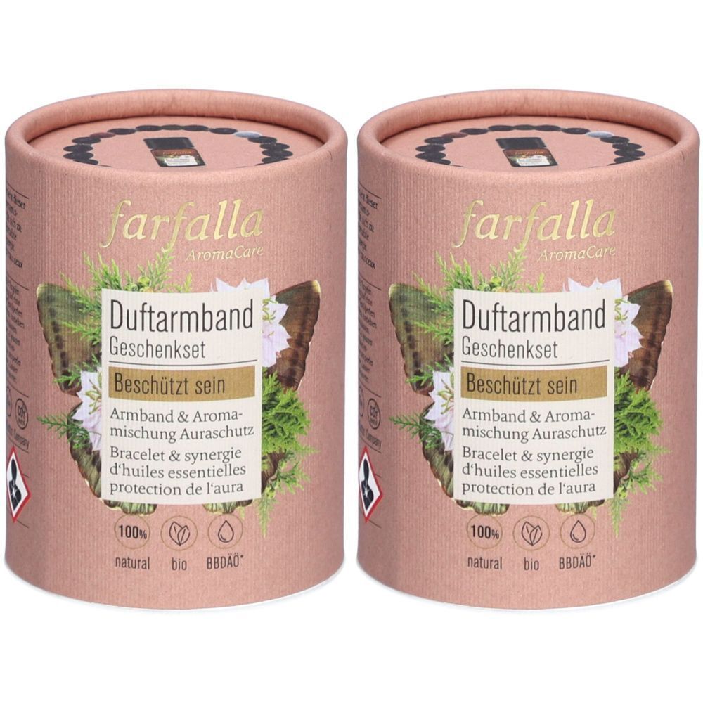 Deux coffrets cylindriques. Inscription : farfalla, Duftarmband Geschenkset, Beschützt sein. 100% naturel, bio, BBDAO.
