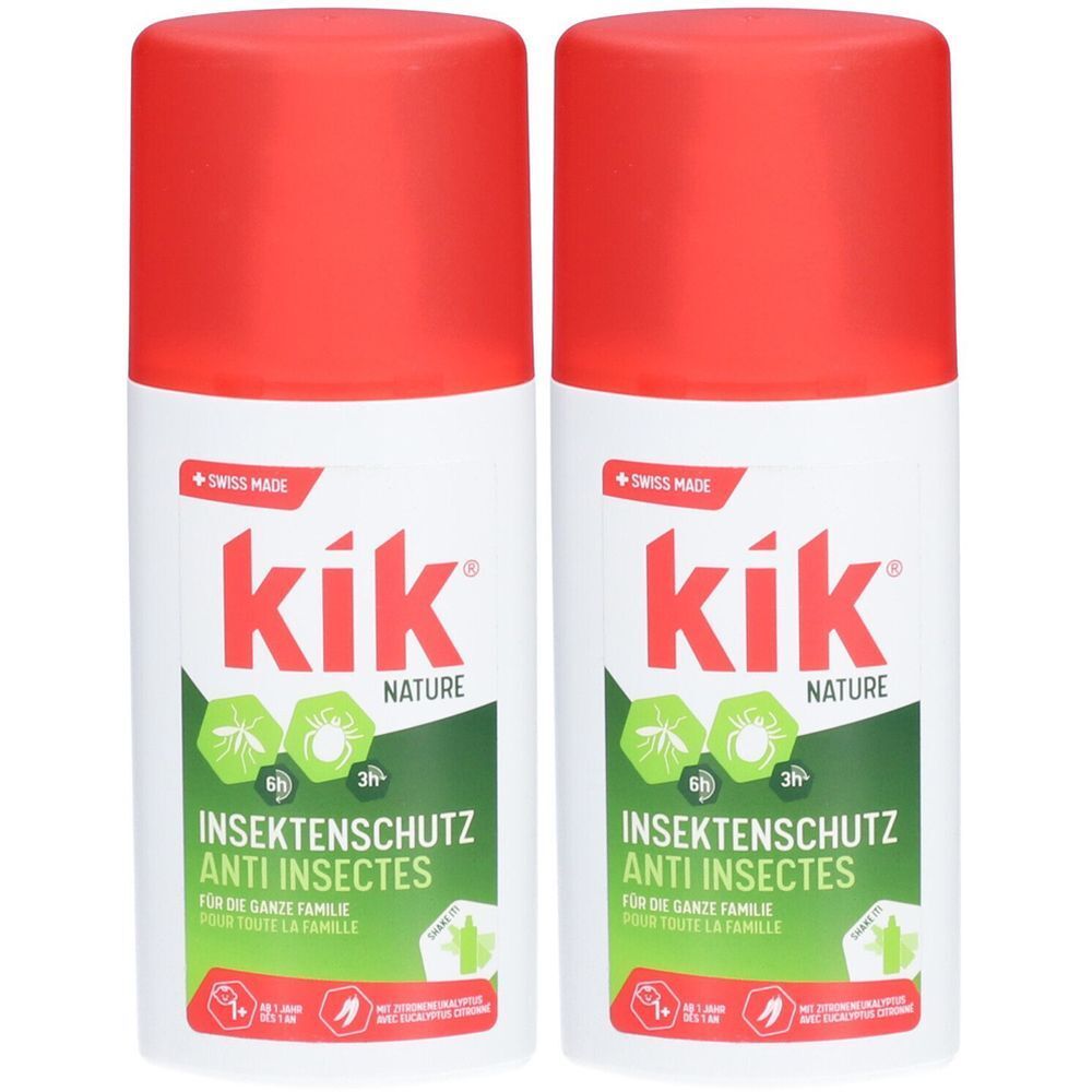 Deux sprays blancs avec bouchons rouges. Inscription: kik nature, protection contre les insectes, Anti Insectes. Swiss Made.