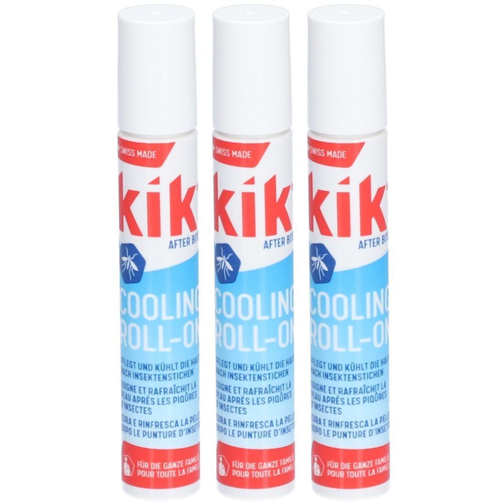 Trois roll-ons blancs. Inscription: kik, After Bite, Cooling Roll-on. Couleurs: bleu et rouge.