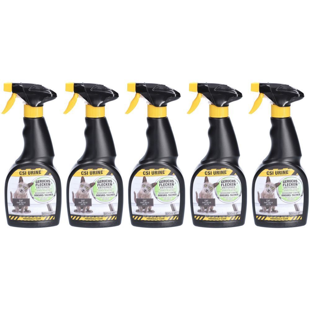 Cinq flacons pulvérisateurs noirs avec des têtes de pulvérisation jaunes. Chaque flacon porte la mention "CSI Urine" et une étiquette avec un chat.