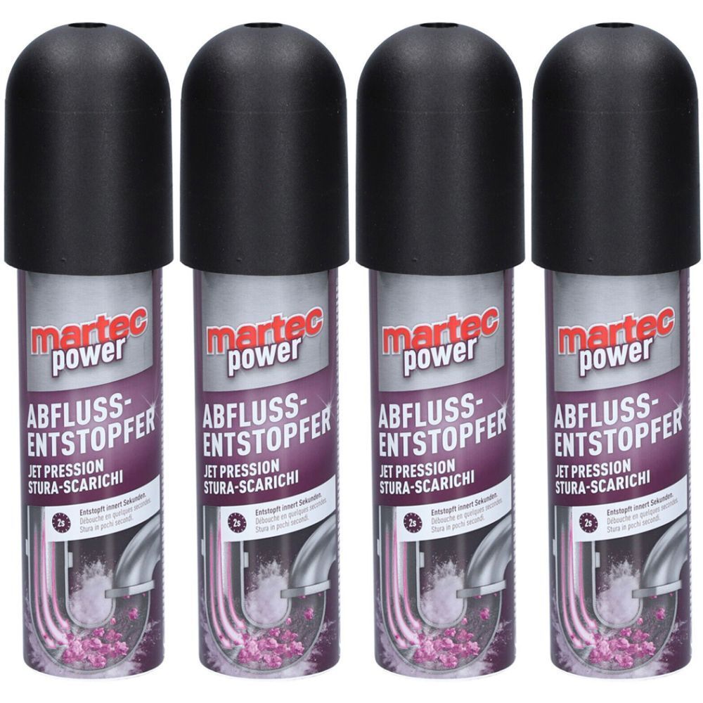 Quatre bouteilles cylindriques avec des bouchons noirs. Chaque bouteille porte l'inscription "martec power ABFLUSS-ENTSTOPFER JET PRESSION STURA-SCARICHI".