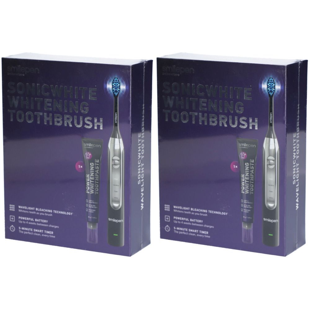 Deux boîtes de brosses à dents électriques et de dentifrice. Inscription : SONICWHITE WHITENING TOOTHBRUSH. Avec technologie de blanchiment à la lumière ondulatoire.