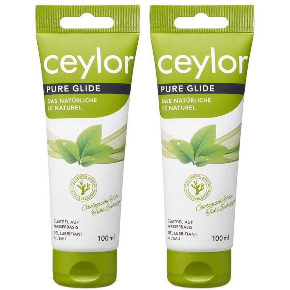 Deux tubes de gel Ceylor Pure Glide. Emballage vert et blanc avec nom du produit, feuilles et texte. 100ml. À base d'eau.