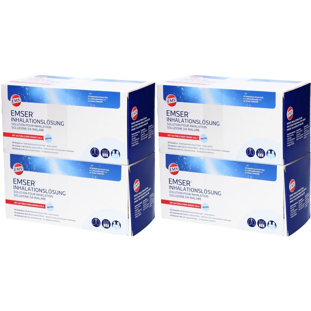Plusieurs boîtes de solution d'inhalation EMSER. Emballage bleu et blanc avec informations et logo.