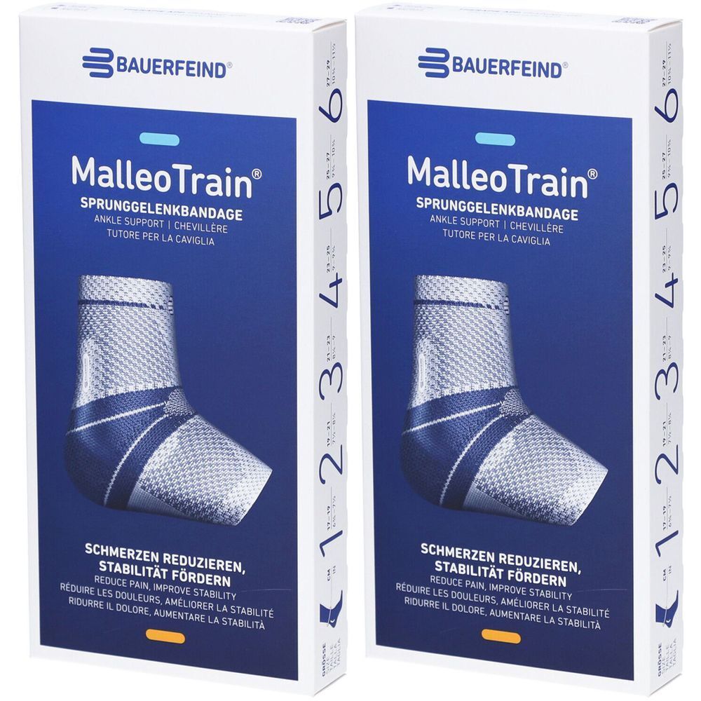 Deux boîtes de MalleoTrain. Emballage bleu et blanc avec image du produit et indications de taille.