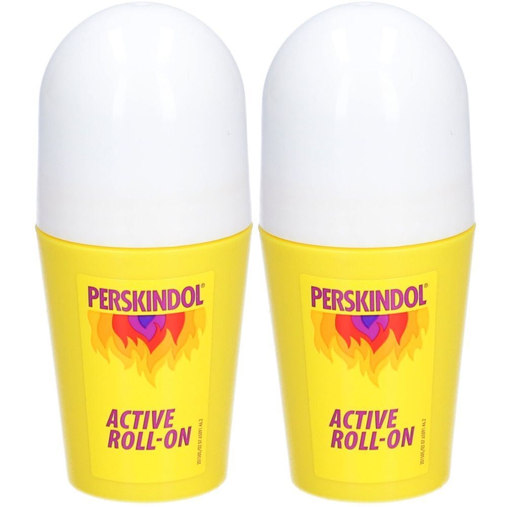 Deux roll-ons jaunes avec bouchons blancs. Inscription : PERSKINDOL, ACTIVE ROLL-ON. Avec logo de flammes colorées.