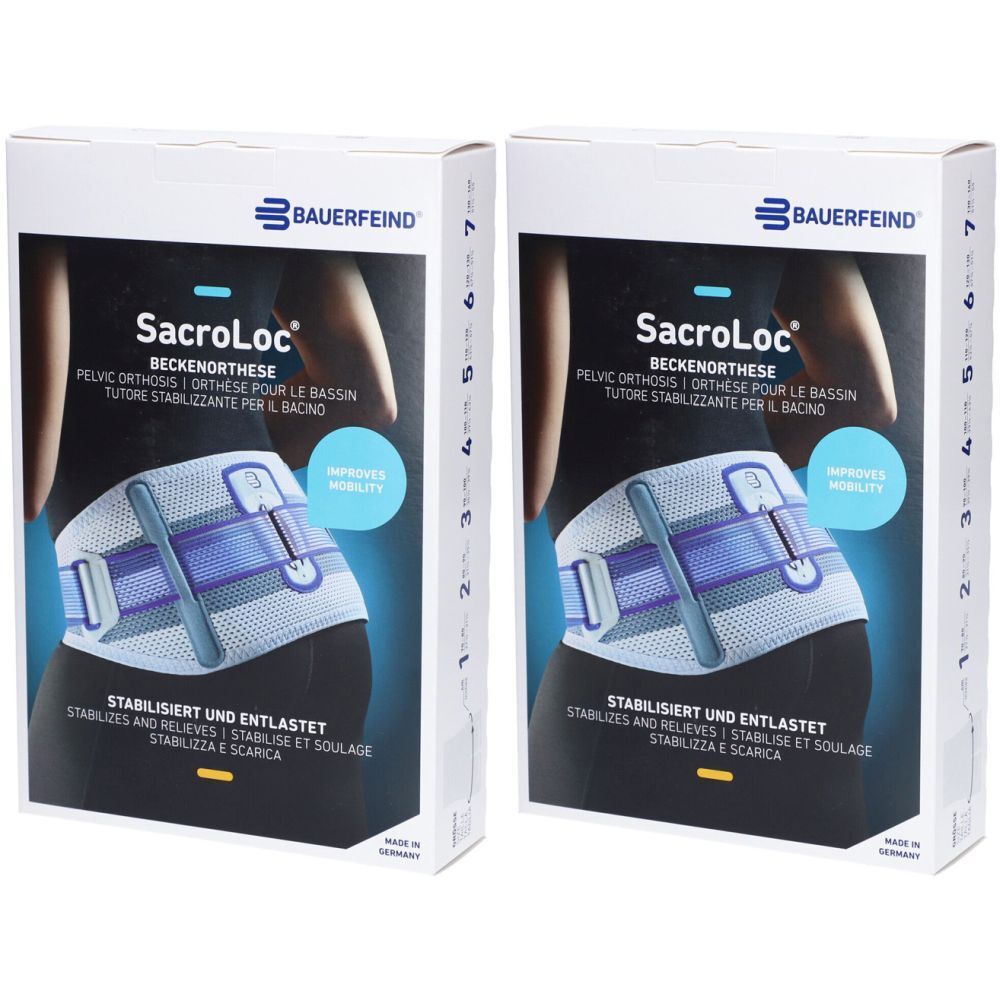 Deux boîtes de produit BAUERFEIND. Inscription: SacroLoc orthèse pelvienne. Une orthèse pelvienne est illustrée en cours d'utilisation.
