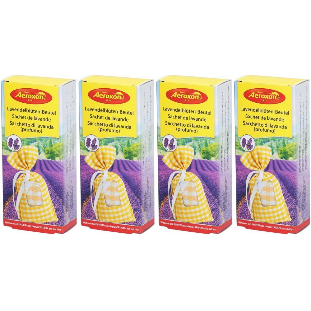 Quatre boîtes de sachets de fleurs de lavande. Emballage jaune avec nom du produit et illustration de lavande violette.