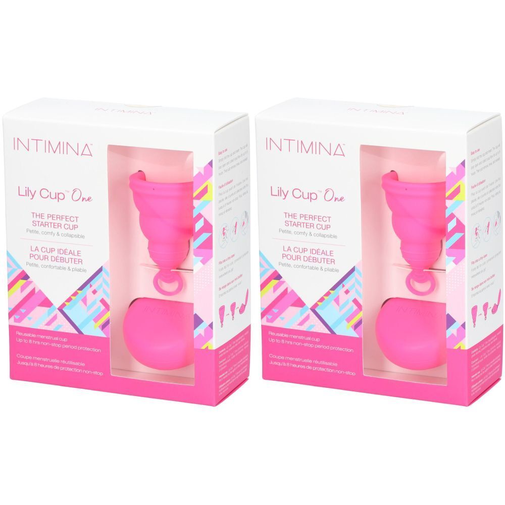 Deux boîtes de INTIMINA Lily Cup One roses. Chaque boîte contient une coupe menstruelle et un étui de rangement.