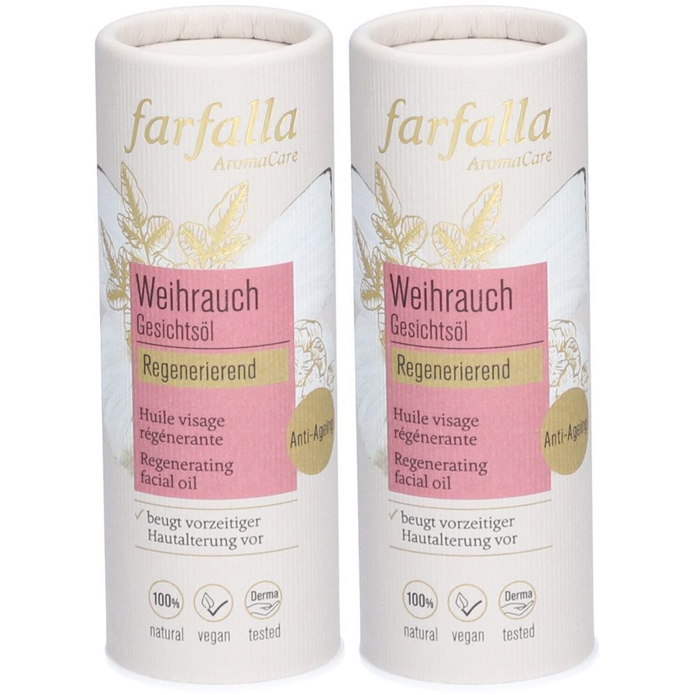 Deux cylindres avec informations produit. Inscription: farfalla, Huile visage régénérante. Logos: 100% naturel, vegan, Derma tested. Anti-âge.