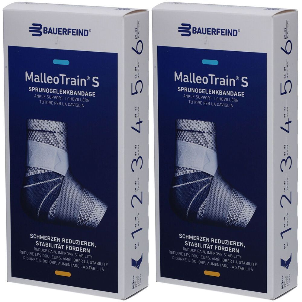 Deux boîtes de MalleoTrain S. Support de cheville. Marque Bauerfeind. Inscription: Réduire la douleur, améliorer la stabilité.