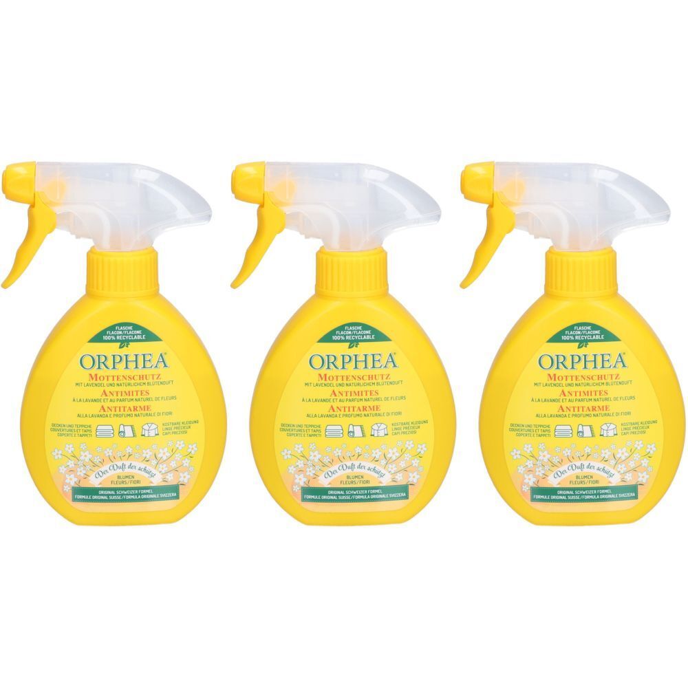 Trois flacons pulvérisateurs jaunes avec tête de pulvérisation blanche. Inscription : ORPHEA Anti-mites, Antitarme. Parfum de lavande.