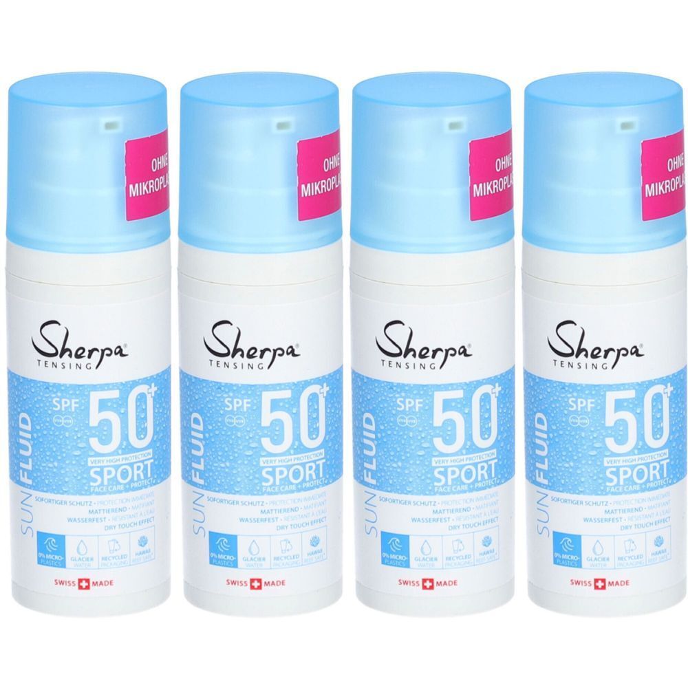 Quatre flacons de fluide solaire. Emballage blanc et bleu avec l'inscription 'Sherpa Tensing SPF 50 Sport'. Bouchon bleu avec autocollant.