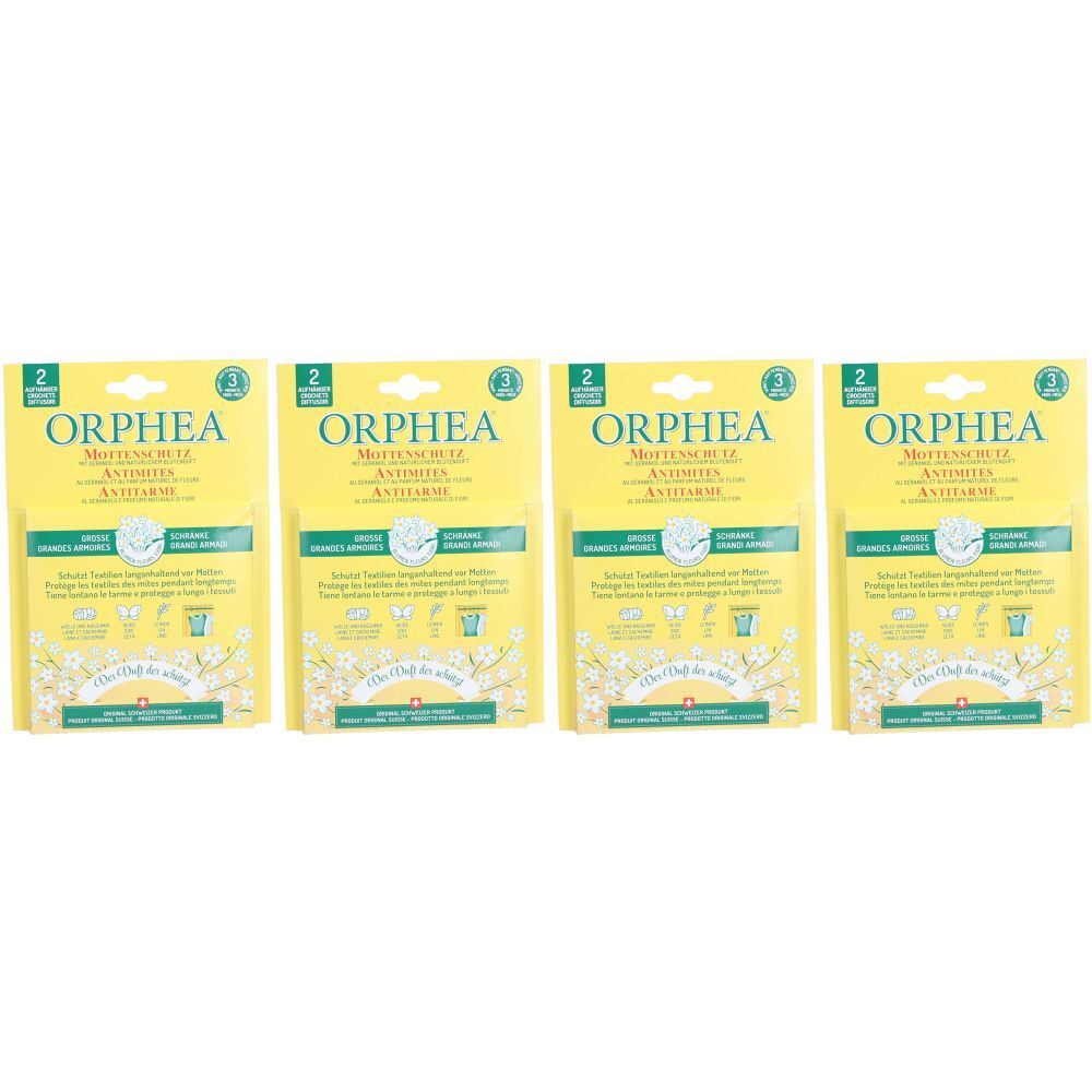 Quatre paquets ORPHEA anti-mites, emballage jaune avec informations et illustrations.
