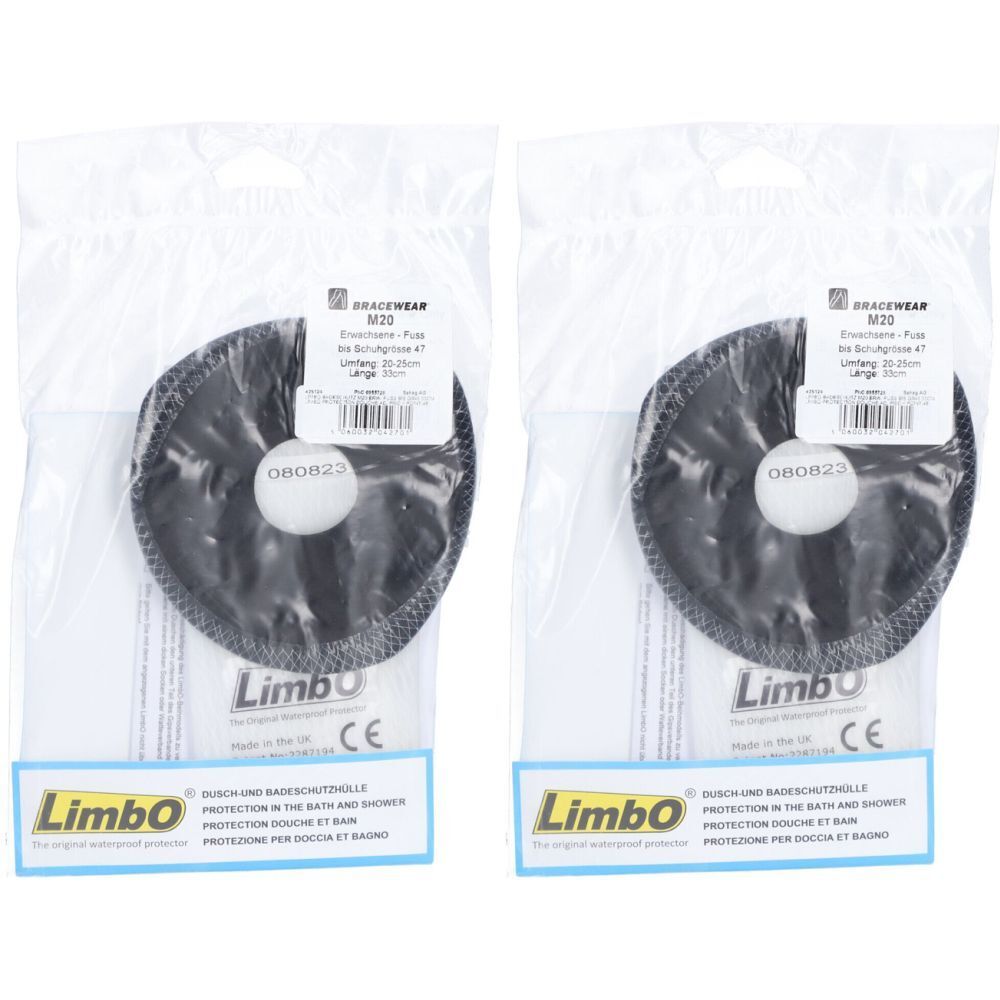Deux protections rondes noires dans un emballage plastique. Étiquettes et logo "Limbo". Marquage CE.