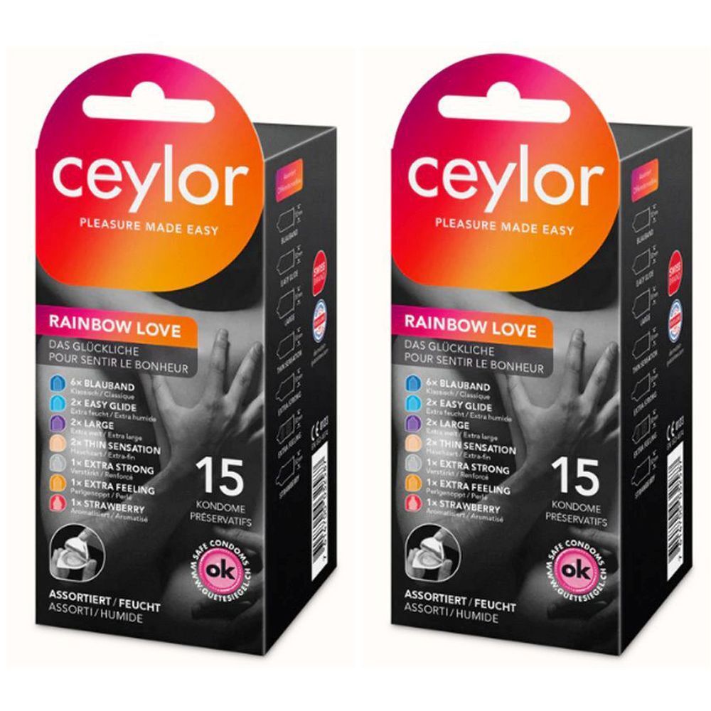 Deux boîtes de préservatifs Ceylor Rainbow Love, 15 unités. Différentes caractéristiques. Label OK.