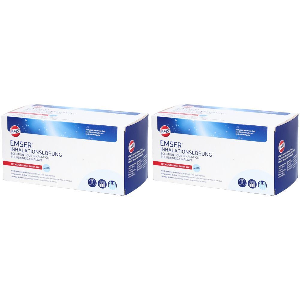 Deux boîtes blanches avec texte bleu et rouge. Inscription: EMSER Solution pour inhalation. Logos et noms de produits.