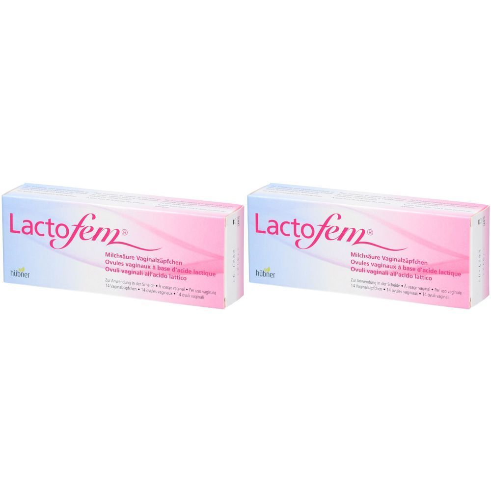 Deux boîtes de Lactofem ovules vaginaux à l'acide lactique. Design rose et blanc avec nom et texte du produit. Logo du fabricant en bas à gauche.