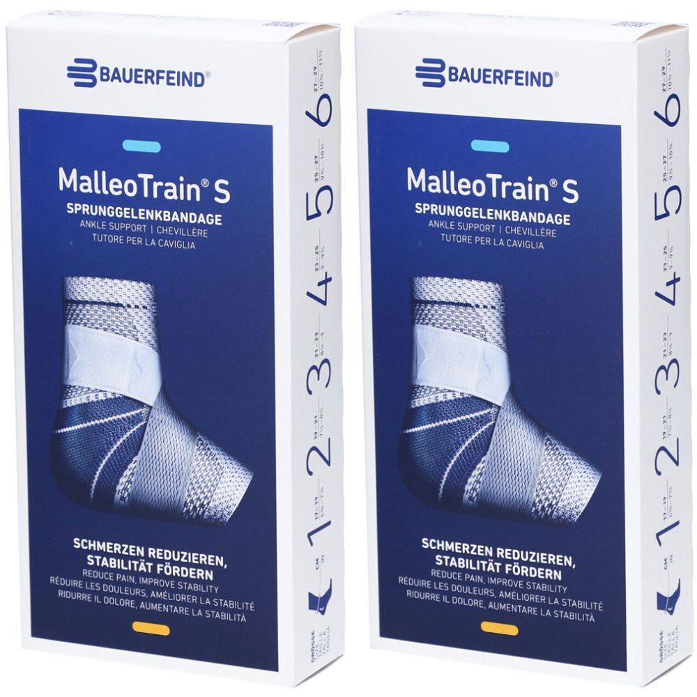 Deux boîtes de bandage de cheville. Inscription : MalleoTrain S, Bauerfeind. Tailles 1-6. Réduit la douleur, améliore la stabilité.