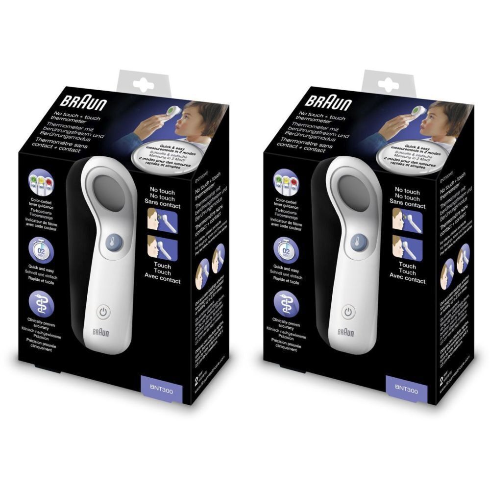 Emballage de deux thermomètres. Marque BRAUN. Thermomètre sans contact + contact. Appareil blanc avec capteur gris.