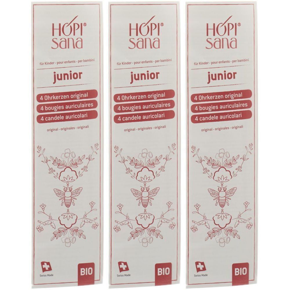 Trois boîtes de bougies auriculaires "HOPI Sana junior". Texte rouge sur fond blanc. Label BIO.