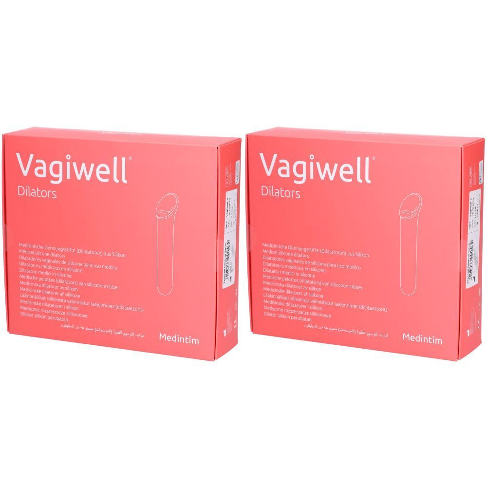 Deux boîtes rouges avec le logo "Vagiwell Dilators" et une illustration du produit. Texte multilingue. Marque : Medintim.