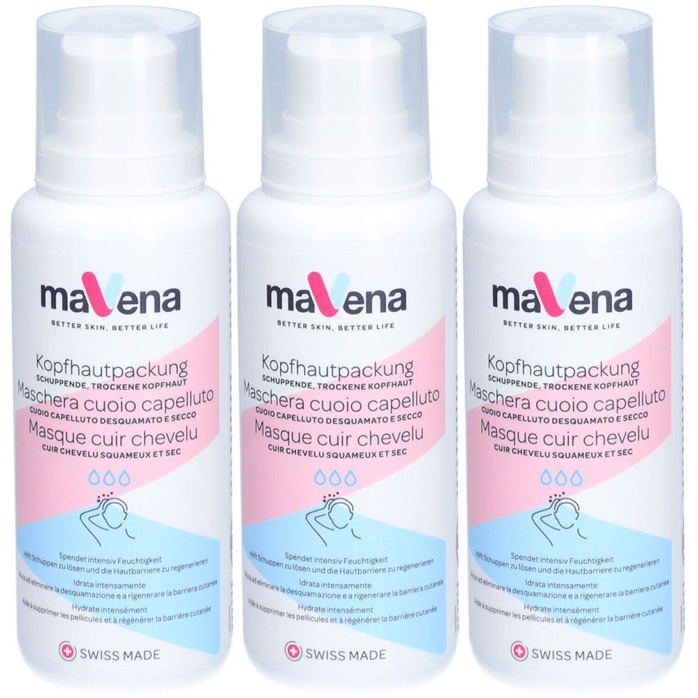 Trois flacons blancs avec vaporisateur.  Chaque flacon porte "mavena" et "Kopfhautpackung".  "Swiss Made" est également visible.