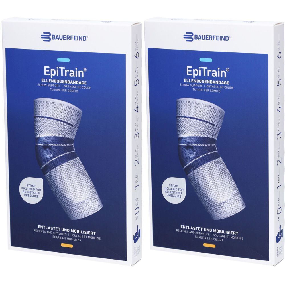 Deux boîtes de bandage de coude EpiTrain. Emballage bleu avec image du produit et texte.