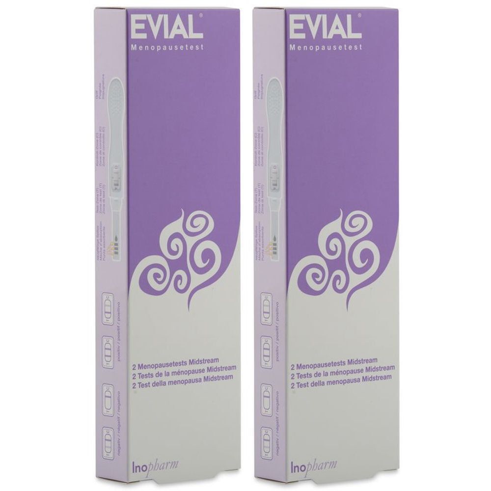 Deux boîtes EVIAL Menopausetest. Emballage violet et blanc avec image de bâtonnets de test. Texte : Menopausetest, 2 tests, Inopharm.