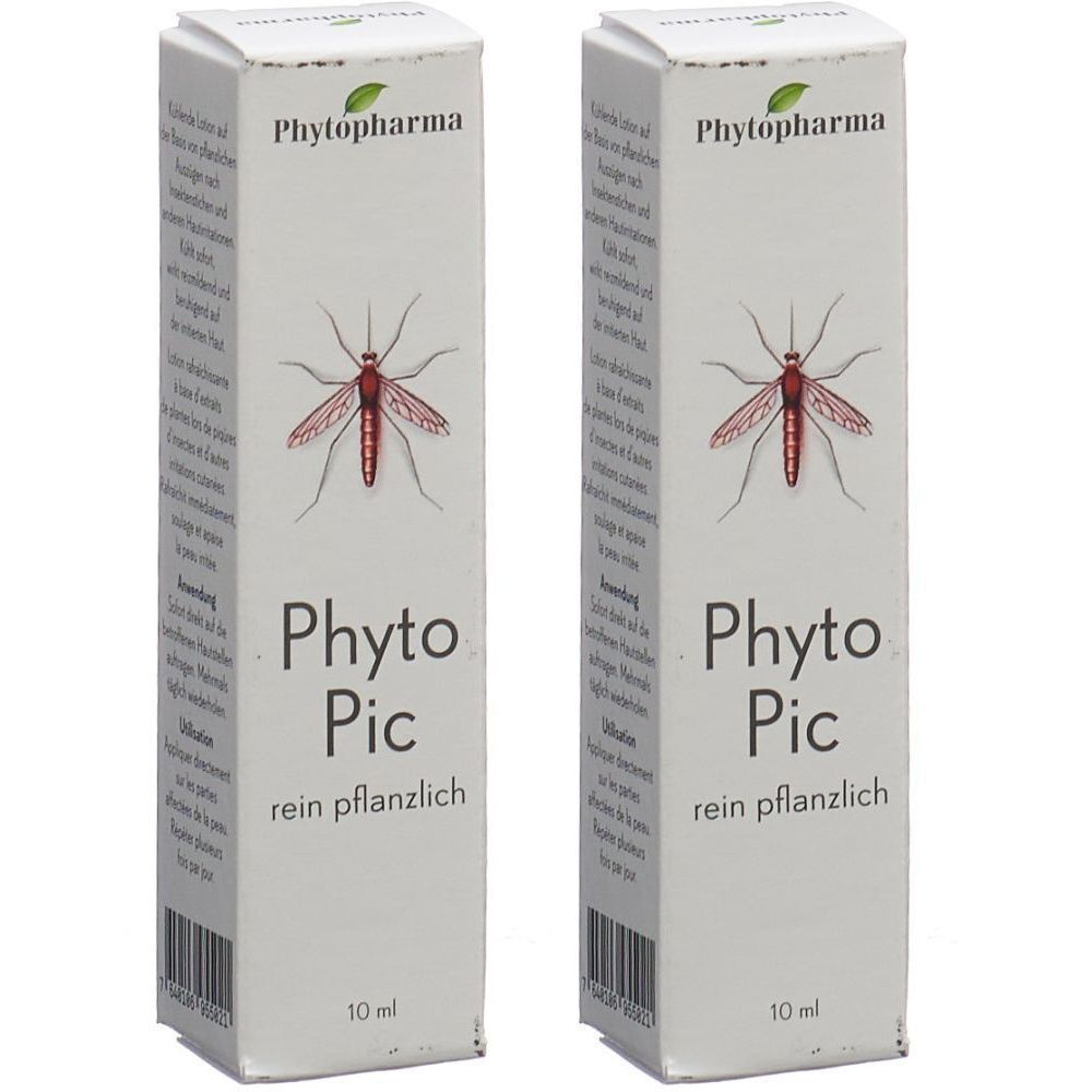 Deux boîtes rectangulaires. Inscription: Phyto Pic, pur végétal. Illustration d'un moustique. 10 ml.