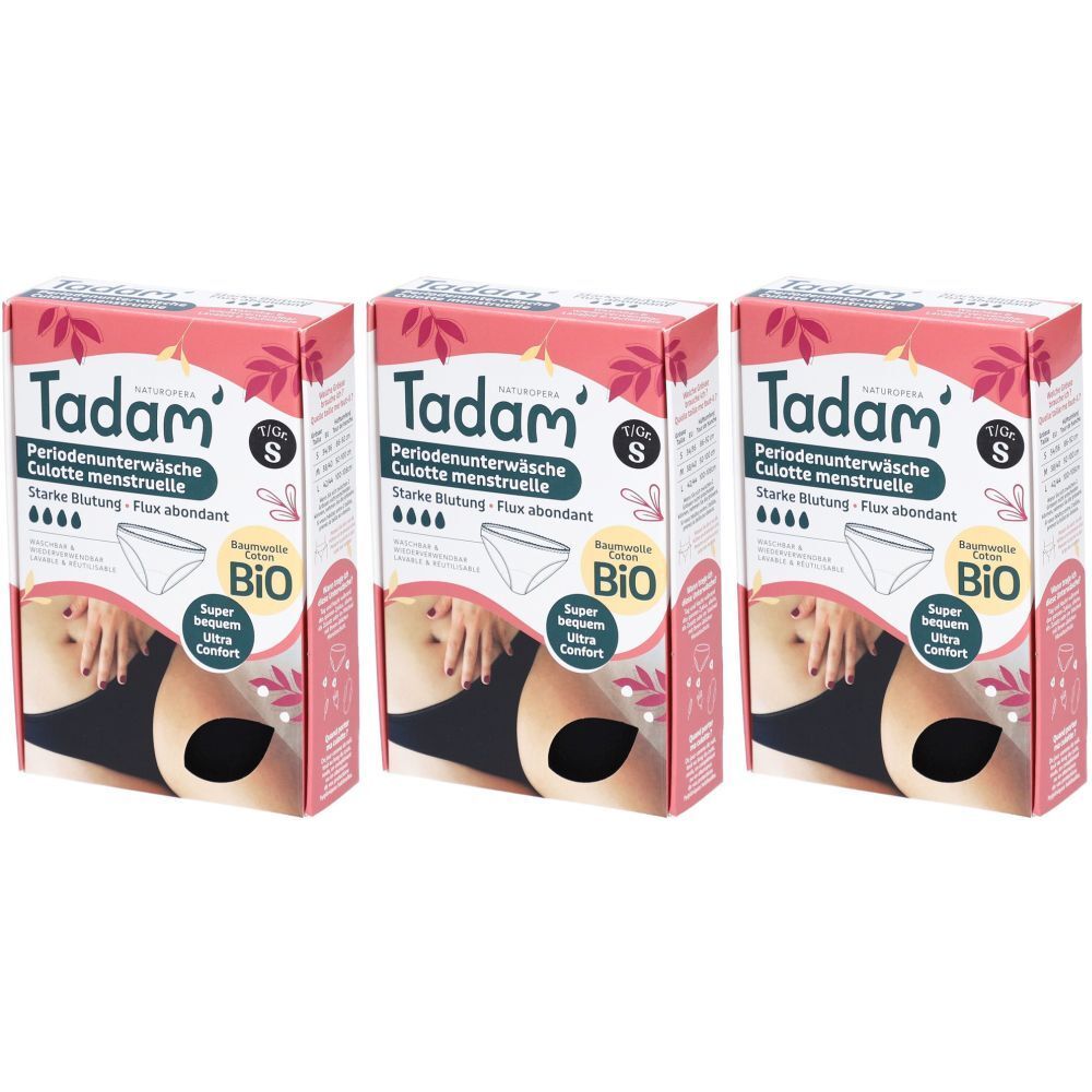 Trois boîtes identiques. Inscription : Tadam, culotte menstruelle, certification bio, taille S. Illustration d'une femme.