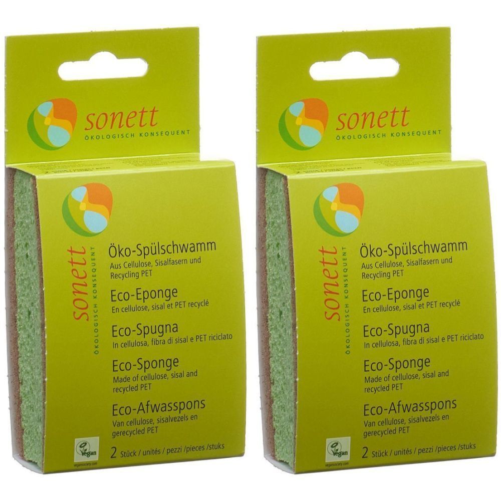 Deux éponges SONETT écologiques vertes dans leur emballage. Inscription: Öko-Spülschwamm, fabriqué à partir de cellulose, de sisal et de PET recyclé. Logo vegan.