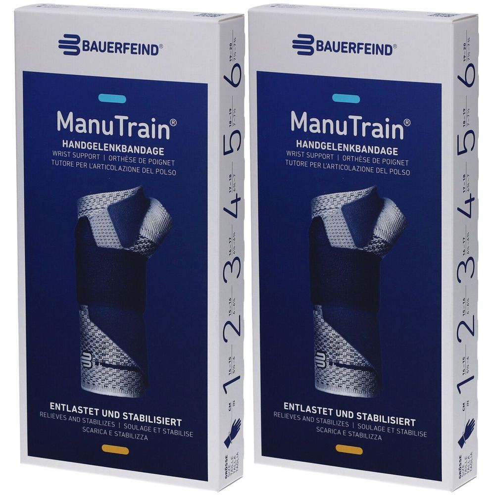 Deux boîtes de l'orthèse de poignet ManuTrain de Bauerfeind. Inscription : orthèse de poignet, indication de taille 1-6.