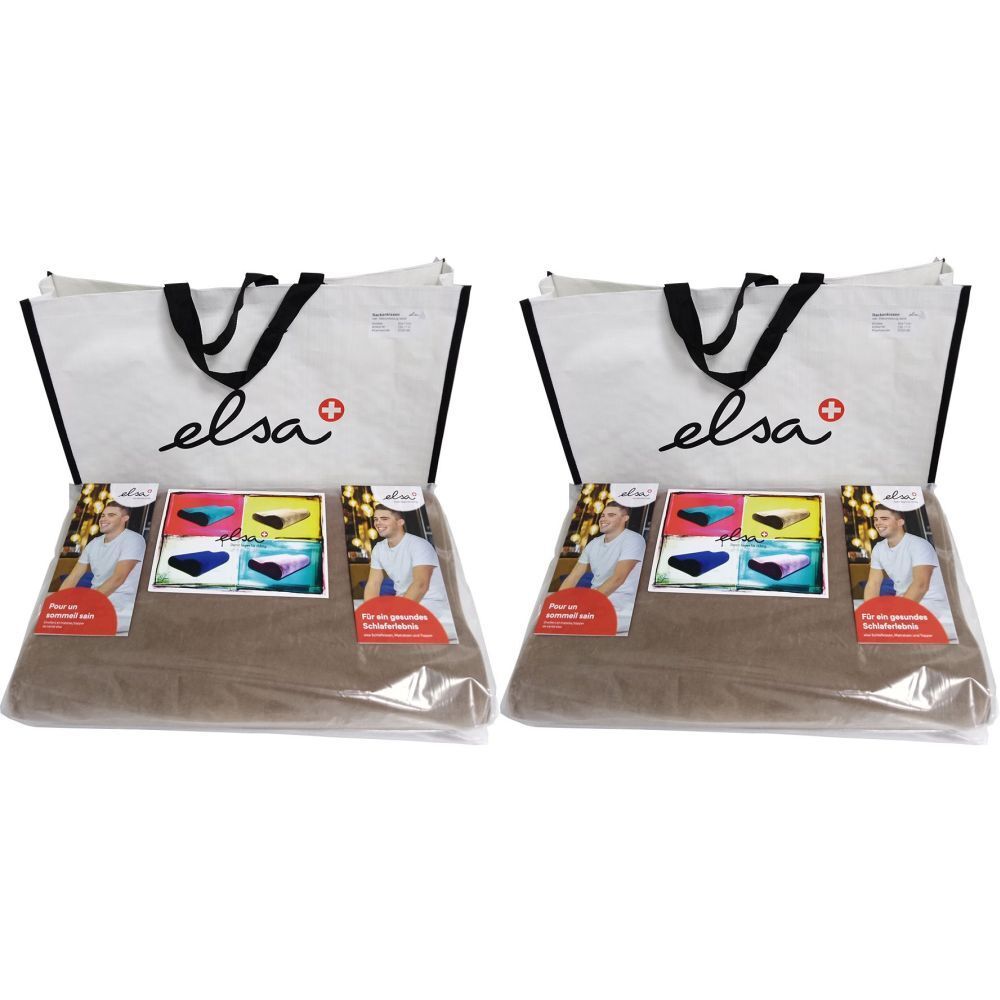 Deux coussins de nuque ELSA dans des sacs. Housse sable, informations sur cartes. Logo "elsa" et croix rouge.