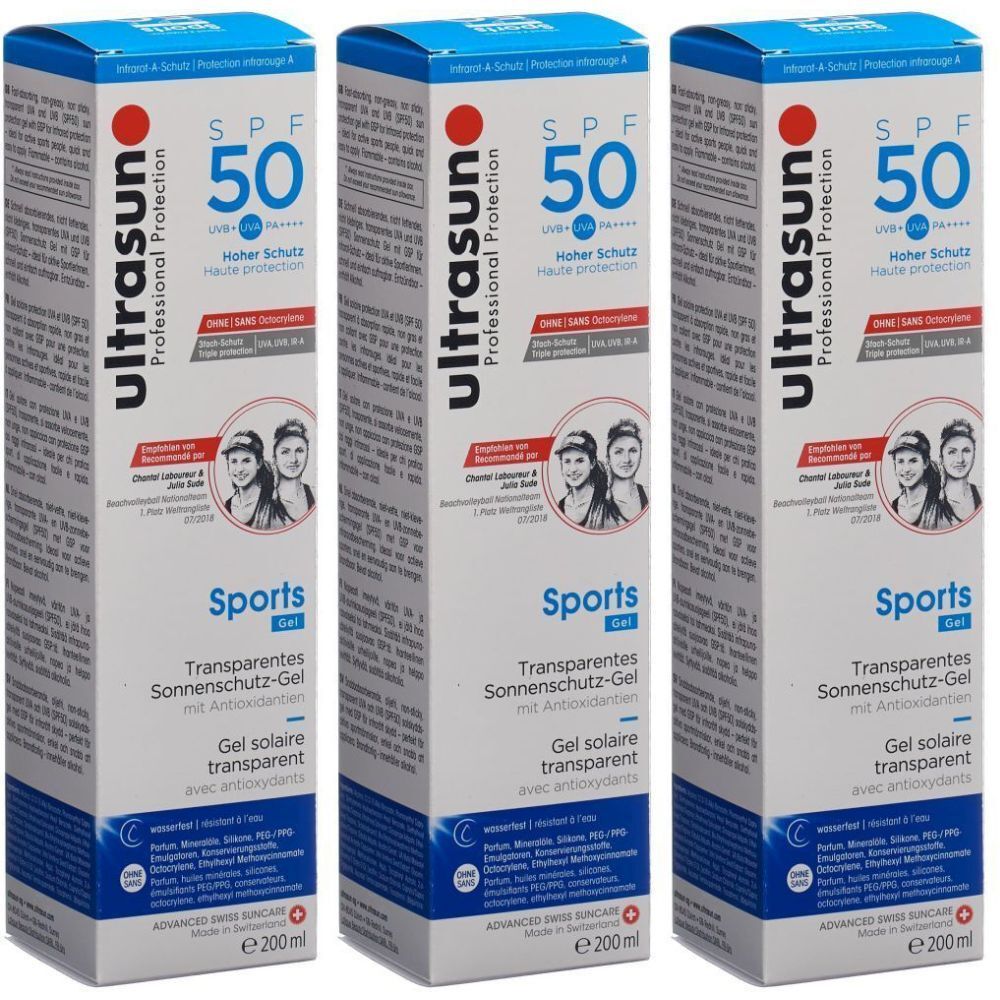 Trois boîtes rectangulaires blanches. Inscription : ultrasun, SPF 50, Sports Gel. Contient 200 ml. Gel solaire transparent.