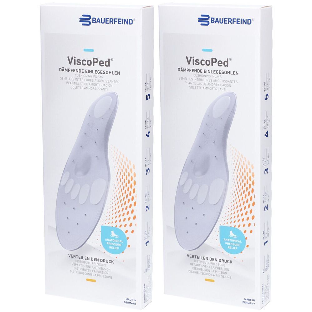 Deux boîtes d'inserts plantaires. Inscription: BAUERFEIND ViscoPed. Semelle bleue avec découpes. Texte: Répartir la pression.